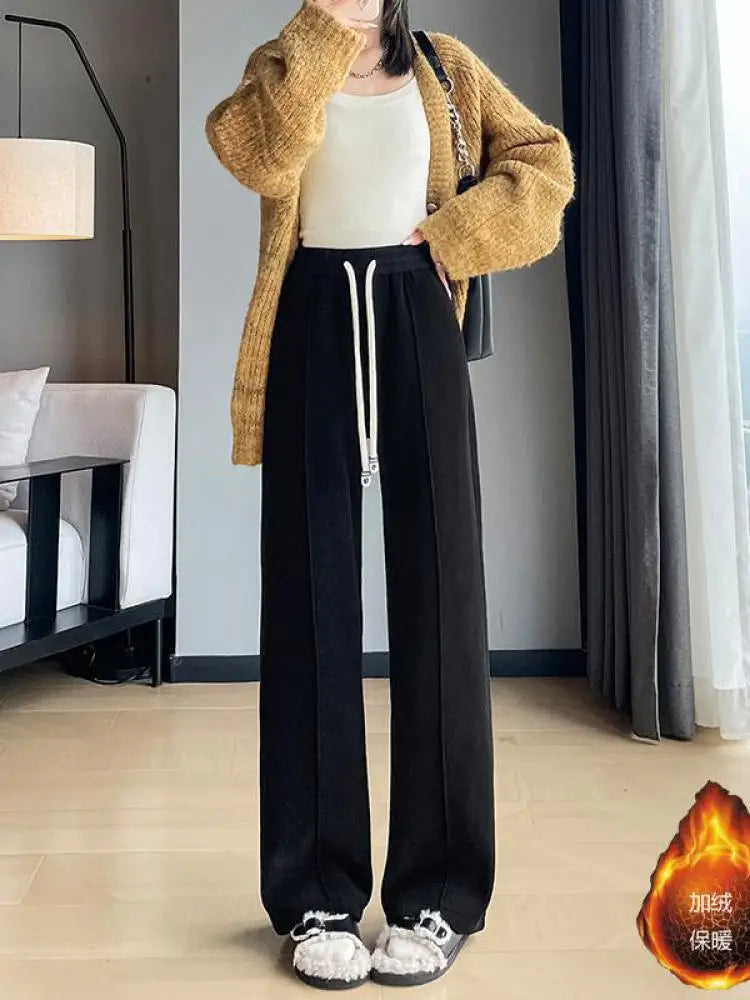 Women Black Blue Velvet High Waist Office Ladies Pant Korean Fashion Red Drawstring Wide Leg Trousers Casual Thick New 2024 Chic