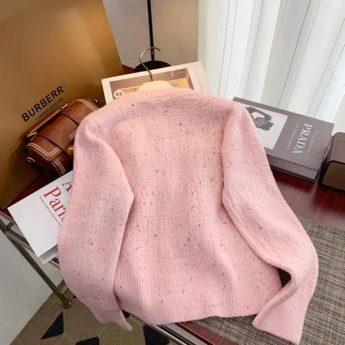 Load image into Gallery viewer, Korean Simple White V-neck Single-breasted Knitted Sweater 2024 Women Pink Sweet Ruffles Bow Cardigan Tops Vintage Autumn Winter
