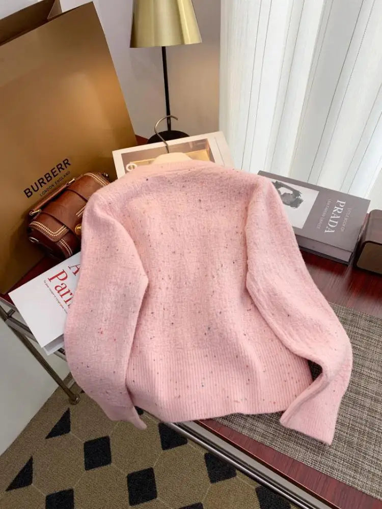 Korean Simple White V-neck Single-breasted Knitted Sweater 2024 Women Pink Sweet Ruffles Bow Cardigan Tops Vintage Autumn Winter