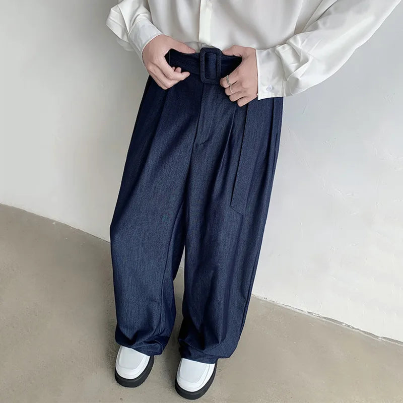 Chic Men's Casual Pants Droop Loose Straight Bottom Wide Leg Solid Color Male Trousers Summer Simple 9C6408