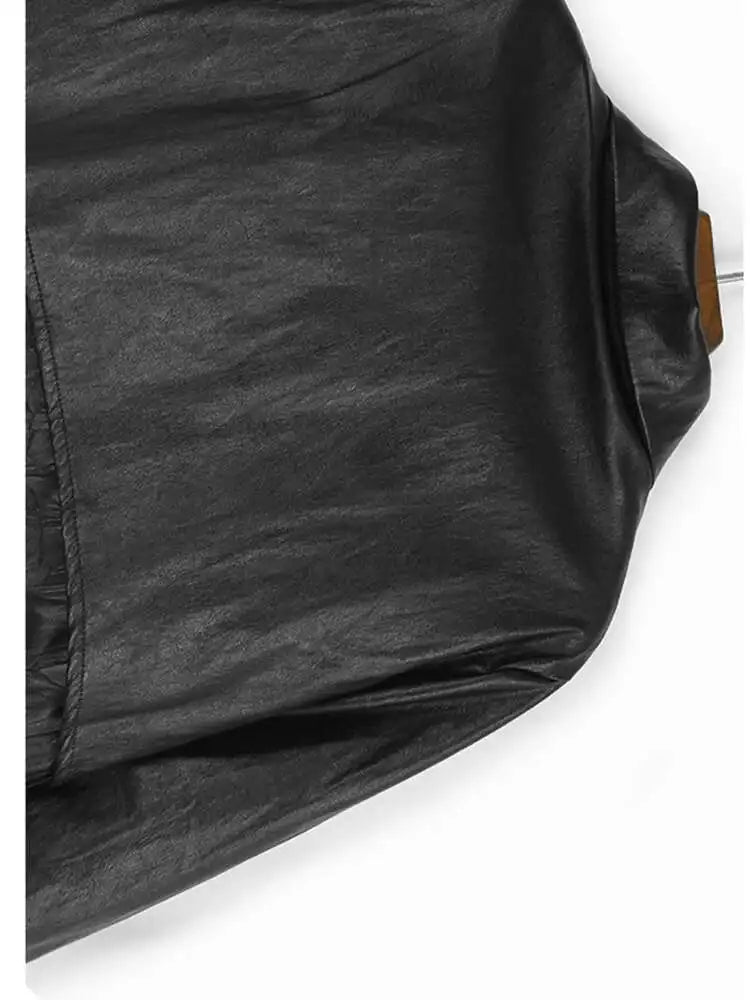 Women Black Pu Leather Pleated Big Size Mini Shirt Dress New Lapel Long Sleeve Fashion Tide Spring Autumn 2025 1DH7337