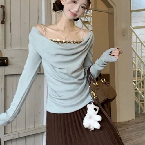 Load image into Gallery viewer, Korean Chic Fake Two Piece Long Sleeve T-Shirts Y2k Aesthetic Sequined Slim Women's Tops Harajuku Pleated Bottoming Tees Femme
