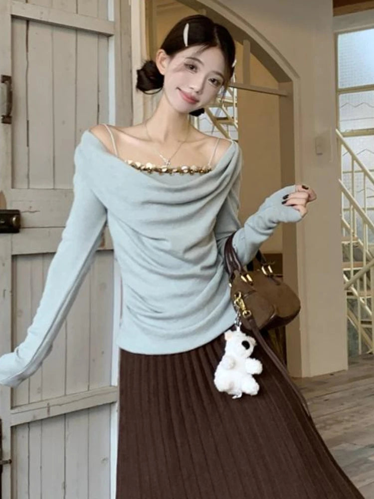 Korean Chic Fake Two Piece Long Sleeve T-Shirts Y2k Aesthetic Sequined Slim Women's Tops Harajuku Pleated Bottoming Tees Femme