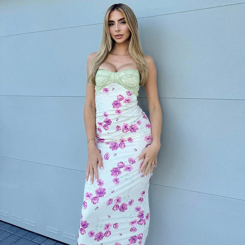 Lace Print Spaghetti Strap Sexy Maxi Dress Women Elegant Off-shoulder Sleeveless Backless High Waist Bodycon Dress