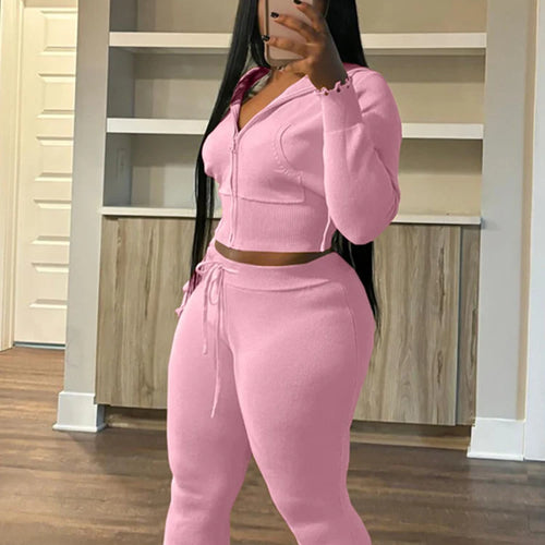 Load image into Gallery viewer, Sporty 2 Piece Set Women Hooded Cardigan Crop Jacket+Drawstring Straight Pants Fit Simple Classic Basic Casual Tracksuit
