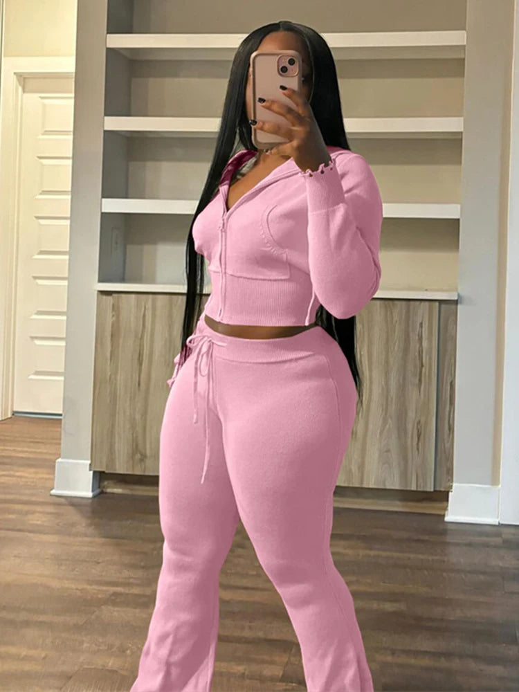 Sporty 2 Piece Set Women Hooded Cardigan Crop Jacket+Drawstring Straight Pants Fit Simple Classic Basic Casual Tracksuit