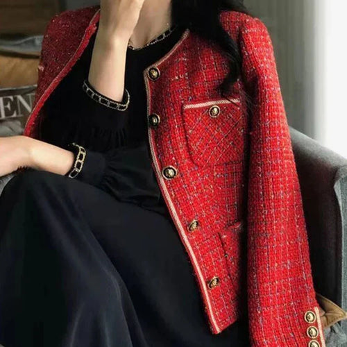 Load image into Gallery viewer, Korean Elegant Women&#39;s Coat New Autumn/Winter Sweet Casual Loose O-neck Single Breasted Suit Coat Red Tweed Blazer Women
