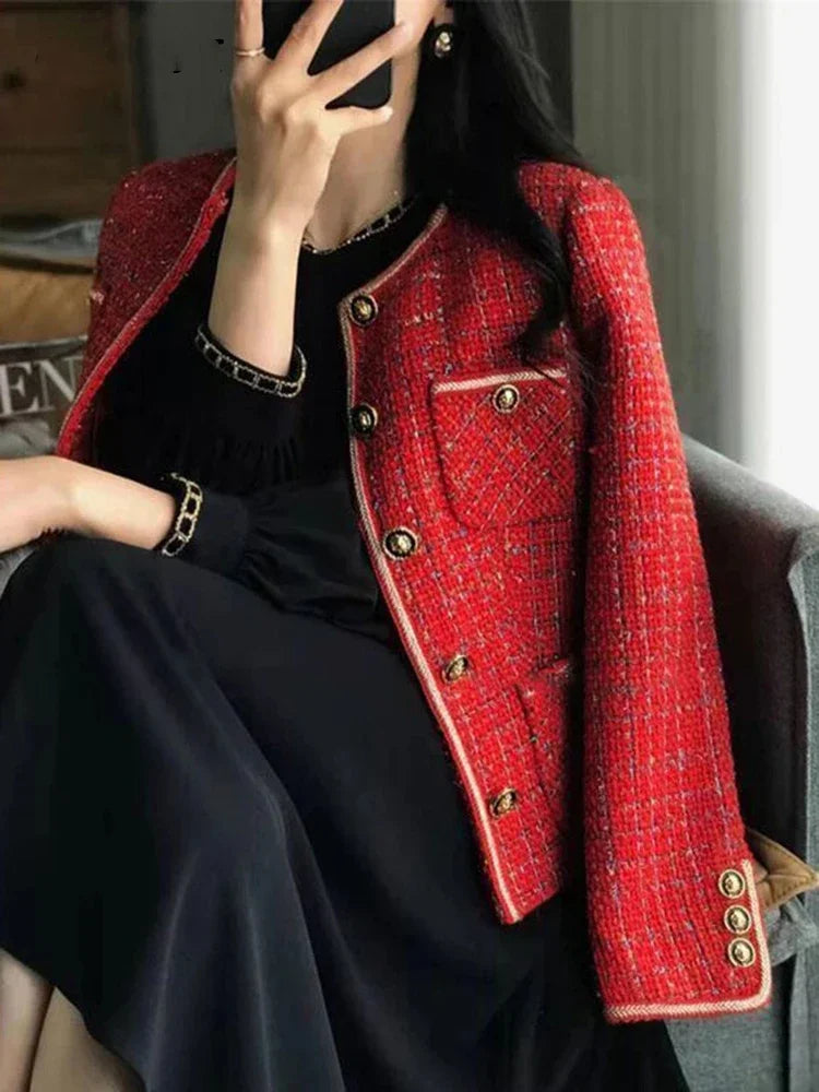 Korean Elegant Women's Coat New Autumn/Winter Sweet Casual Loose O-neck Single Breasted Suit Coat Red Tweed Blazer Women