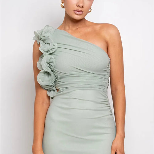 Load image into Gallery viewer, Shoulder Floral Mesh Ruched Sexy Maxi Dress For Women Gown Oblique Shoulder Sleeveless Backless Bodycon Long Dress
