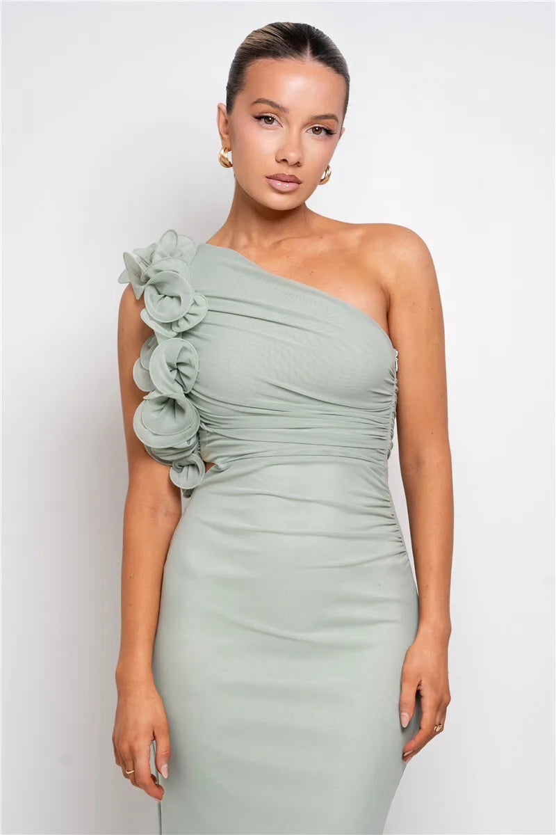 Shoulder Floral Mesh Ruched Sexy Maxi Dress For Women Gown Oblique Shoulder Sleeveless Backless Bodycon Long Dress