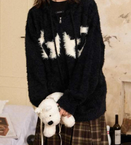 Y2k Aesthetic Casual Jacquard Cardigan Coats Autumn Oversized Knitted Vintage Sweaters Hooded Streetwear Women Grunge Sweater