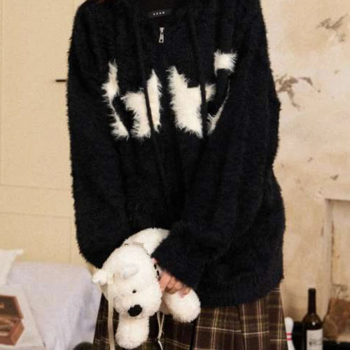 Load image into Gallery viewer, Y2k Aesthetic Casual Jacquard Cardigan Coats Autumn Oversized Knitted Vintage Sweaters Hooded Streetwear Women Grunge Sweater
