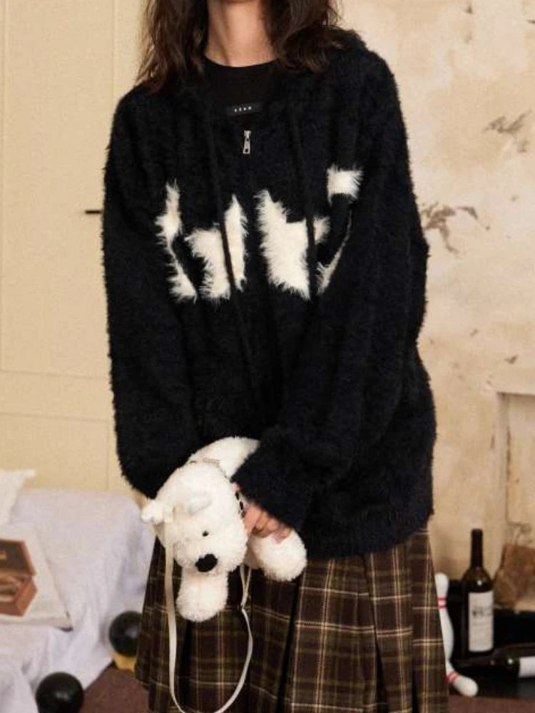 Y2k Aesthetic Casual Jacquard Cardigan Coats Autumn Oversized Knitted Vintage Sweaters Hooded Streetwear Women Grunge Sweater