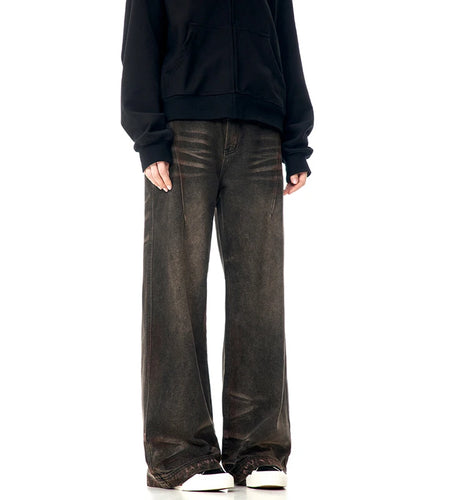 American Style Men Denim Pants Solid Color Zipper Pocket Washing Trousers Straight Wide Leg Male Bottom 2025 Summer 9C8855