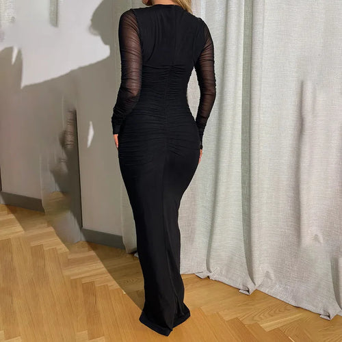 Load image into Gallery viewer, Black Sexy Maxi Dress Women Autumn New Sheer Mesh Long Sleeve Slim Fit Dress Ladies Elegant Bodycon Dresses Clubwear
