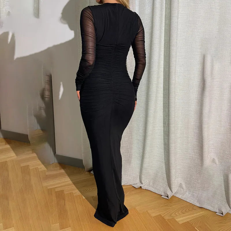 Black Sexy Maxi Dress Women Autumn New Sheer Mesh Long Sleeve Slim Fit Dress Ladies Elegant Bodycon Dresses Clubwear