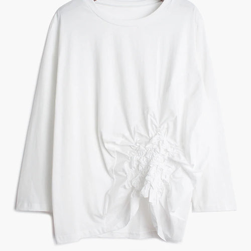 Load image into Gallery viewer, Women Black Pleated Irregular Hem Big Size T-shirt New Round Neck Long Sleeve Fashion Tide Spring Autumn 2025 1DH9924
