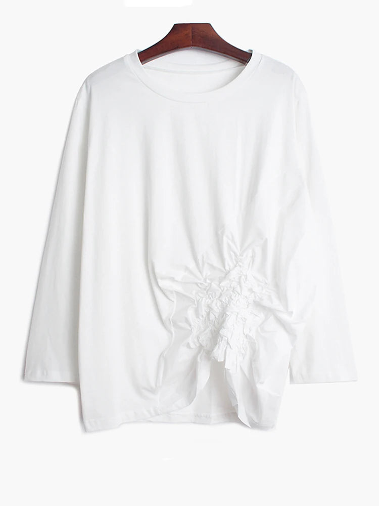 Women Black Pleated Irregular Hem Big Size T-shirt New Round Neck Long Sleeve Fashion Tide Spring Autumn 2025 1DH9924