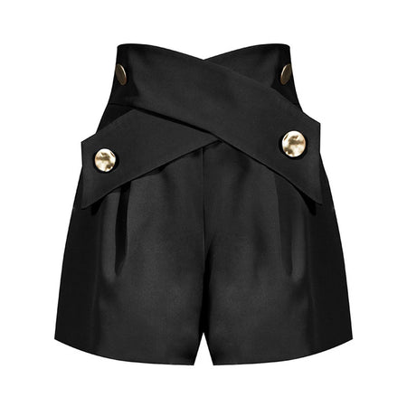 Crisscross Solid Patchwork Button Minimalist Shorts For Women High Waist Casual Loose Short Trousers Female Fashion Style
