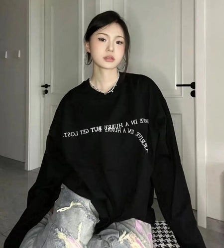Cotton Oversized T Shirt Women Clothes Long Sleeve O-neck Letter Print Y2k Tops 2024 Ropa Mujer Chic Camisetas Casual White Tees
