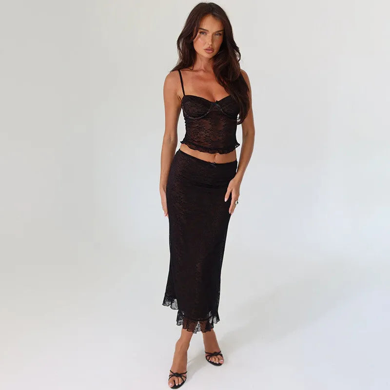Lace Sexy Two Piece Sets Women Spaghetti Strap Sleeveless Crop Tops And Long Skirt Matching Sets Elegant Club Sets