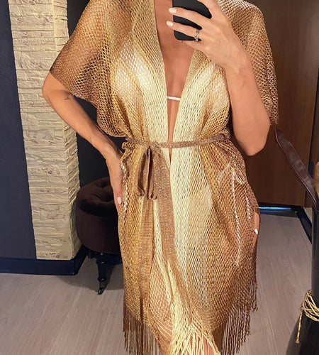 Sexy With Belt Fringe Tassel Crochet Knitted Tunic Beach Cover Up Cover-ups Beach Dress Beach Wear Beachwear Female Women V4649