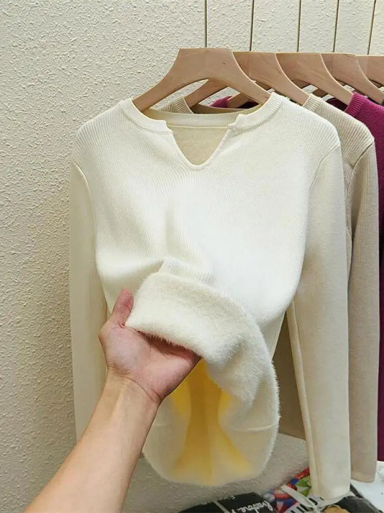 Autumn Winter Korean Fashion Solid V Neck Velvet Knit Crochet Sweater Women Warm Long Sleeve Pullovers Tops Casual Popular Trend