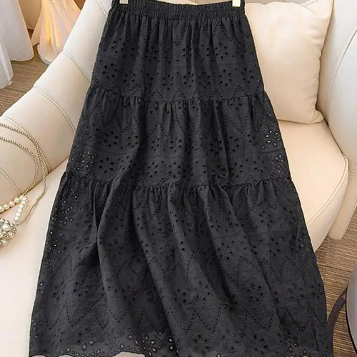 Load image into Gallery viewer, Ladies Black White Temperament Long Skirt Spring Summer Beige Embroidery Hollow Out A-line Skirts For Women Clothing Streetwear
