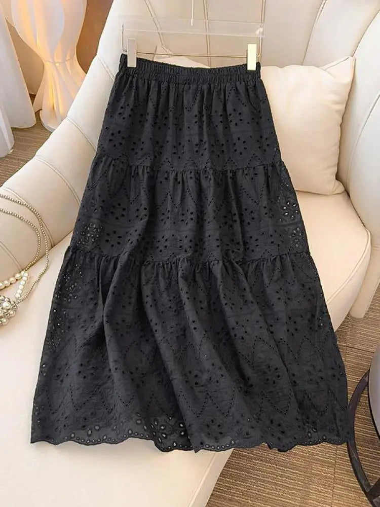 Ladies Black White Temperament Long Skirt Spring Summer Beige Embroidery Hollow Out A-line Skirts For Women Clothing Streetwear