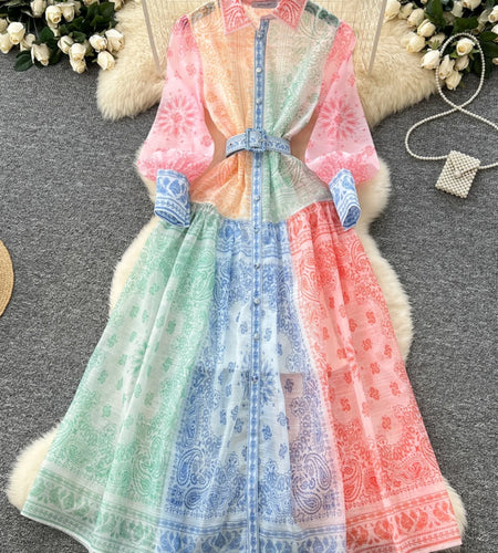 Spring Autumn 2025 New Women Fashion Rainbow Print Elegant Shirt Long Dresses Vintage Single Breasted Party Dress Bohemian Trend