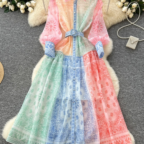 Load image into Gallery viewer, Spring Autumn 2025 New Women Fashion Rainbow Print Elegant Shirt Long Dresses Vintage Single Breasted Party Dress Bohemian Trend
