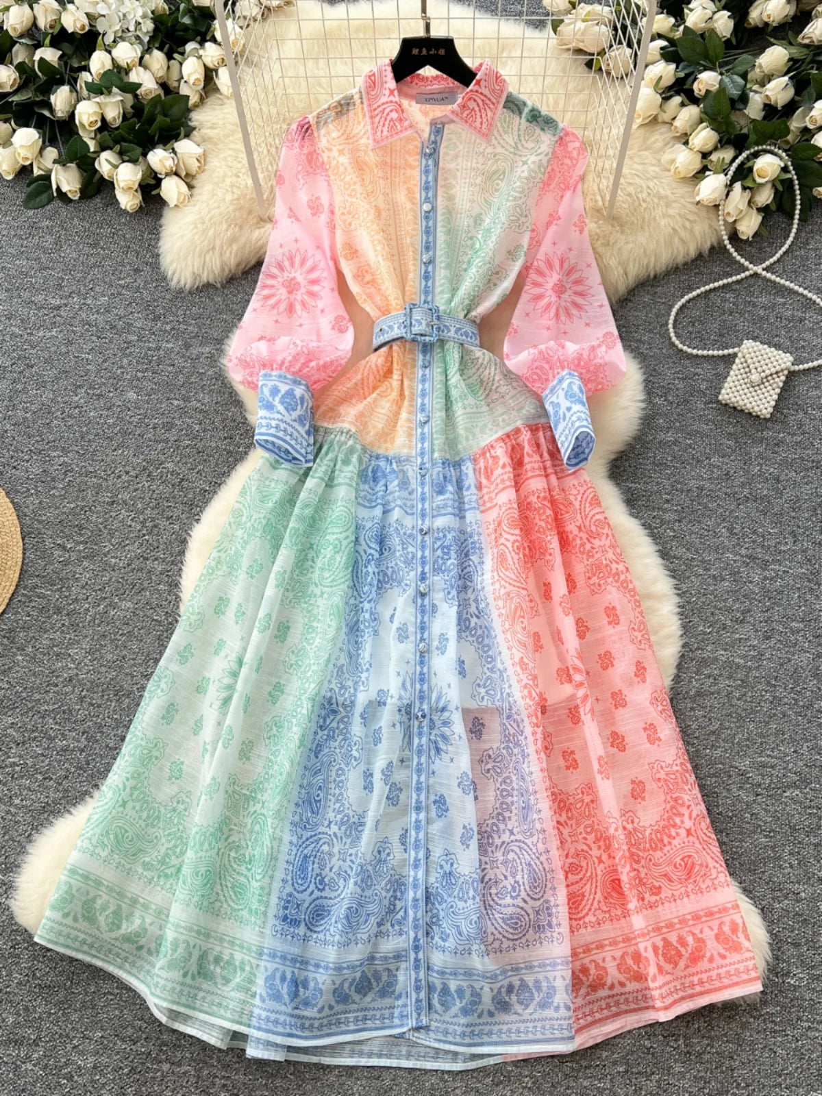 Spring Autumn 2025 New Women Fashion Rainbow Print Elegant Shirt Long Dresses Vintage Single Breasted Party Dress Bohemian Trend