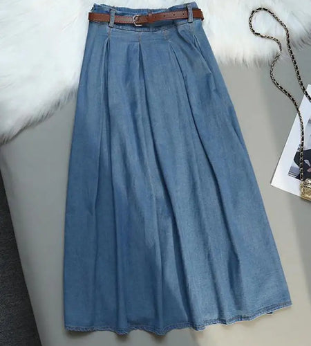 Korean Style High Waist Retro Belt Long Skirts For Women Fashion 2023 Summer Thin A-line Denim Skirt Women's Midi Elastic Skirt