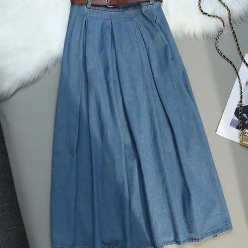 Load image into Gallery viewer, Korean Style High Waist Retro Belt Long Skirts For Women Fashion 2023 Summer Thin A-line Denim Skirt Women&#39;s Midi Elastic Skirt
