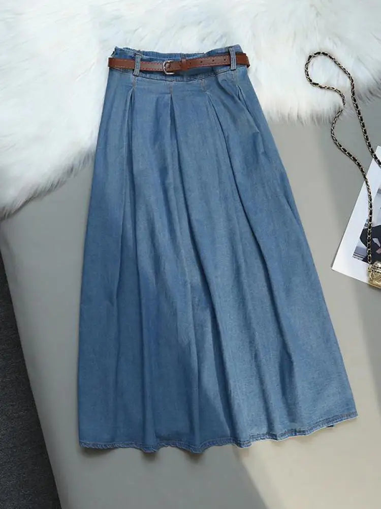 Korean Style High Waist Retro Belt Long Skirts For Women Fashion 2023 Summer Thin A-line Denim Skirt Women's Midi Elastic Skirt