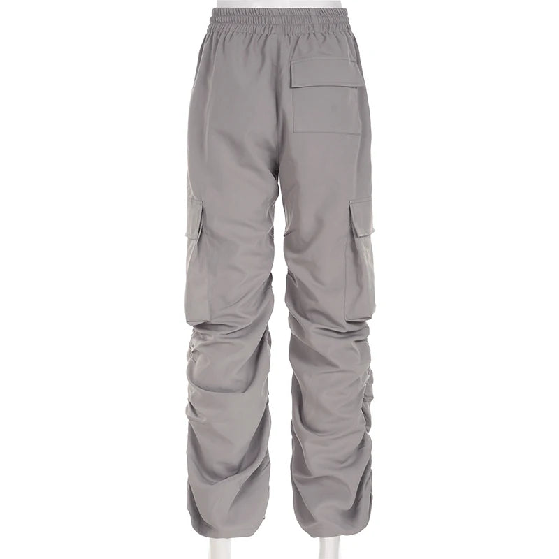 Harajuku Drawstring Elastic Waist Sweatpants Cargo Trousers Female Casual Shirring Pockets Stacked Pants Baggy Bottom