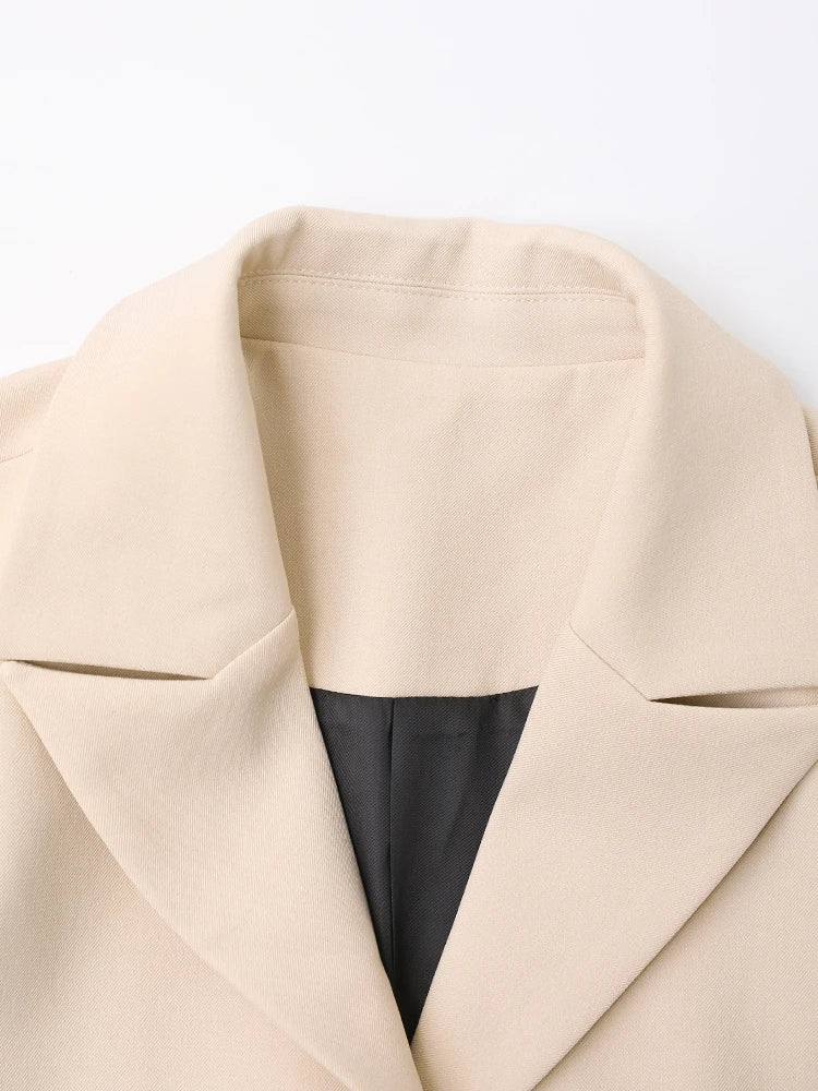 Women Beige Denim Color-block Long Elegant Blazer New Lapel Long Sleeve Jacket Fashion Tide Spring Autumn 2025 CPDB132