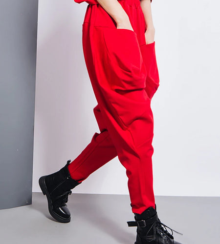 Big Pockets Spliced Irregular High Waist Harem Trousers New Loose Fit Pants Women Fashion Tide Spring Autumn 2025 1DD2684