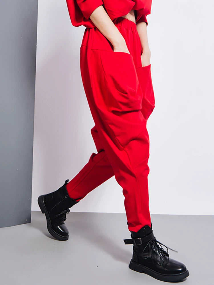 Big Pockets Spliced Irregular High Waist Harem Trousers New Loose Fit Pants Women Fashion Tide Spring Autumn 2025 1DD2684