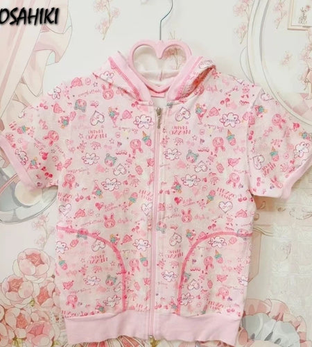 Japanese Kawaii Cartoon Printing Coat 2025 Women Caual Loose Cute Hooded Jacket Y2k Aesthetic Girls Sweet Grunge Summer Outwear