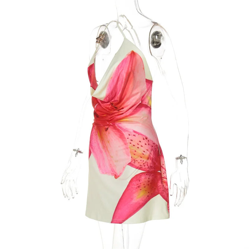 One Shoulder Backless Print Sexy Mini Dress Women Summer New Hollow Out Sleeveless Ruched Beach Club Party Dress