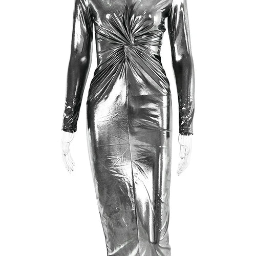 Load image into Gallery viewer, Winter Sexy Deep V Long Sleeve Dress For Women Bodycon Pleated Metal Maxi Dress Elegant Party Club Evening Vestidos 2024
