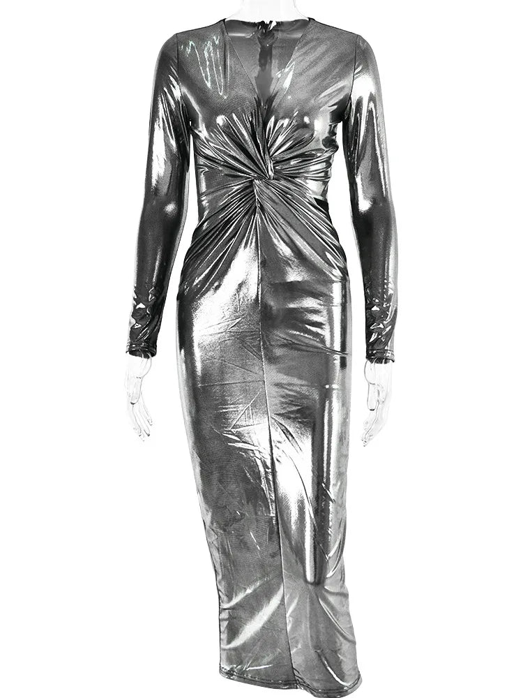 Winter Sexy Deep V Long Sleeve Dress For Women Bodycon Pleated Metal Maxi Dress Elegant Party Club Evening Vestidos 2024