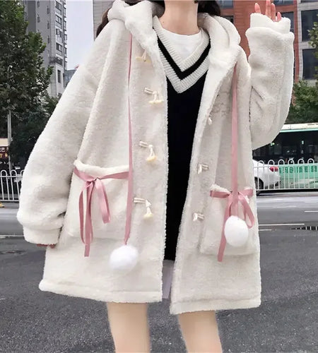 New Winter Fashion Loose Cartoon Jacket Y2k Aesthetic All Match Lamb Wool Women Hooded Coat Thicken Warm Vintage Casual Bow Tops
