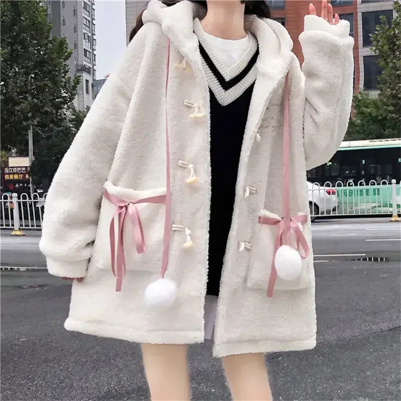 New Winter Fashion Loose Cartoon Jacket Y2k Aesthetic All Match Lamb Wool Women Hooded Coat Thicken Warm Vintage Casual Bow Tops