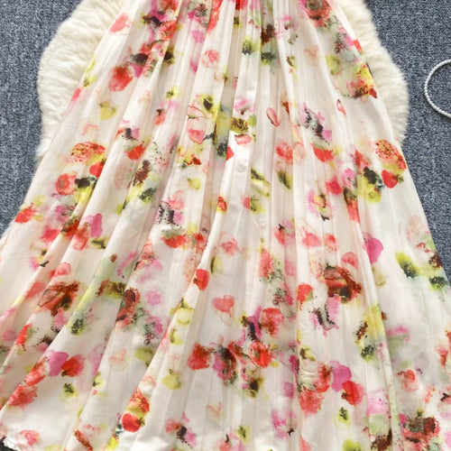 Load image into Gallery viewer, Summer New French Women's Beige Floral Temperament Pleated Slip Dress Vintage Elegant Hollow Out Backless Evening Dress Bohemian
