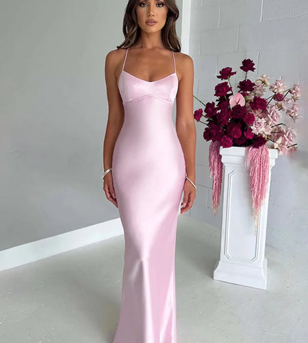 Sexy Spaghetti Strap Bodycon Satin Dress With Open Back Lace Up Female Long Dress Elegant Party Club Evening Dress 2024