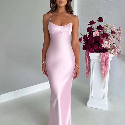 Load image into Gallery viewer, Sexy Spaghetti Strap Bodycon Satin Dress With Open Back Lace Up Female Long Dress Elegant Party Club Evening Dress 2024
