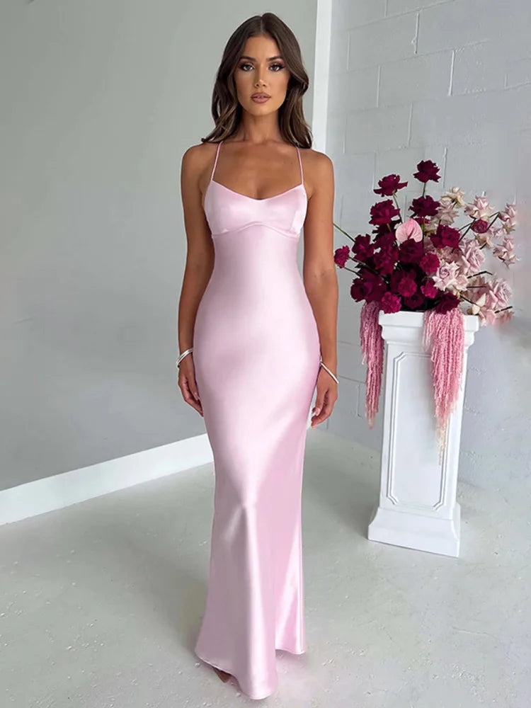 Sexy Spaghetti Strap Bodycon Satin Dress With Open Back Lace Up Female Long Dress Elegant Party Club Evening Dress 2024