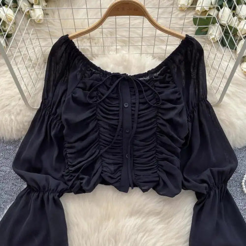 Load image into Gallery viewer, French 2024 Autumn New Black Beige Slim Festival Blouse Women Green Flared Long Sleeved Pleated Lace-up Short Shirt Versatile
